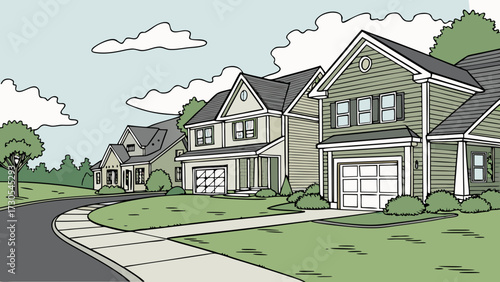 Suburban street lined with modern homes and green lawns
