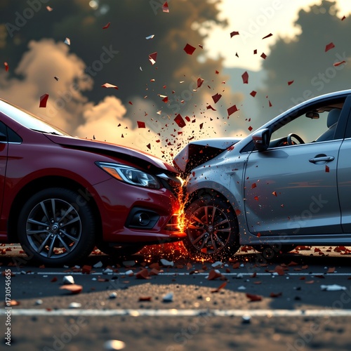 Dramatic Car Collision with Debris and Smoke