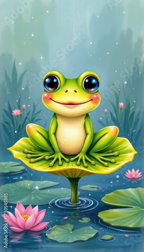 Cute Cartoon Frog Floating Lotus Leaf Watercolor Style