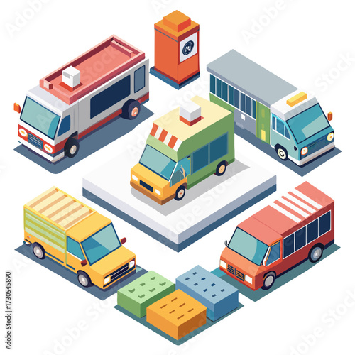 Isometric illustration of colorful food trucks and a kiosk on a black background food truck, isometric, illustration, vector, transportation, vehicle, mobile, business, street food, cuisine, delivery