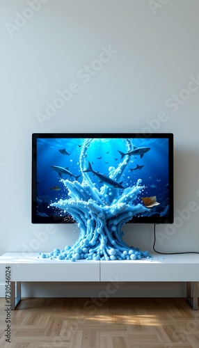 Surreal Flatscreen Displaying Underwater Scene with Marine Life