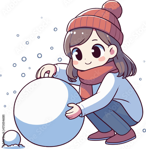雪だるまを作る女性のイラスト