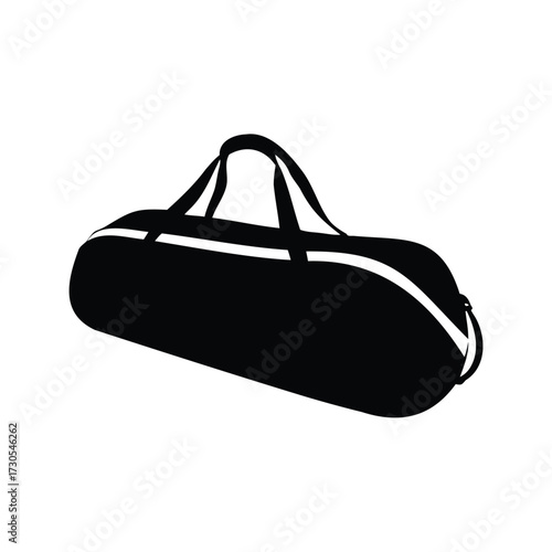 Black and white duffel bag for gym or sports in perspective view, badminton bag silhouette vector illustration