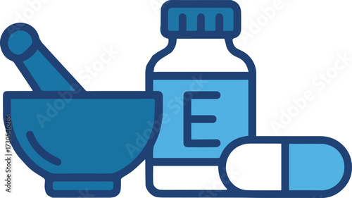 Vector art of medical mortar and pestle with vitamin bottle
