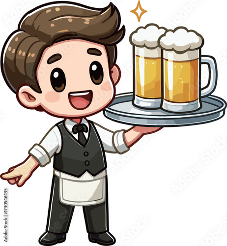 ビールを運ぶウエイターのイラスト