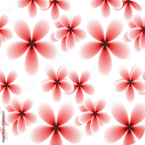 Seamless pattern of stylized red flowers with five petals on a white background in a repeating design