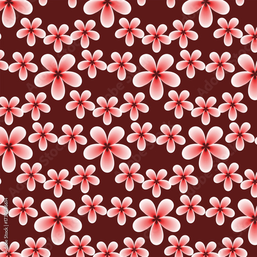 Seamless pattern of stylized pink flowers with five petals on a dark maroon colored background design