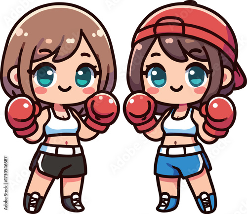 赤いグローブの2人の女性ボクサーのイラスト