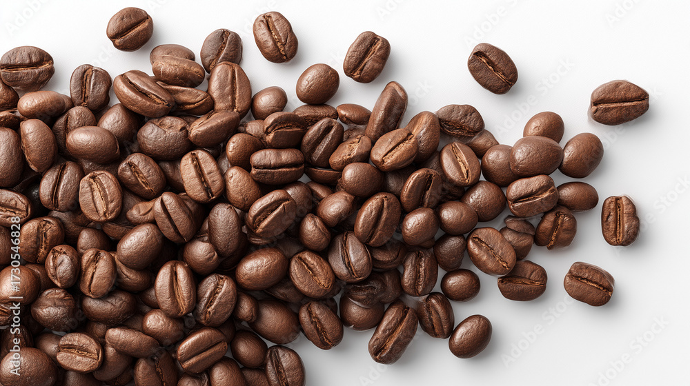 Fototapeta premium AI-generated image - Close-up of roasted coffee beans scattered on a white background, detailed and realistic texture.