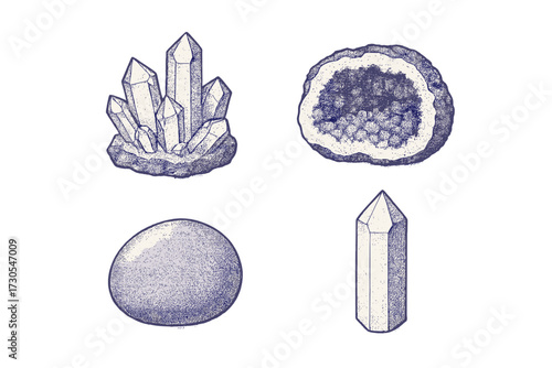 Assortment of natural crystals and mineral formations including quartz cluster, geode, and polished stone with unique textures