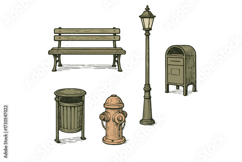 Collection of urban street furniture and public utility items including bench, lamp, mailbox, trash can, and fire hydrant