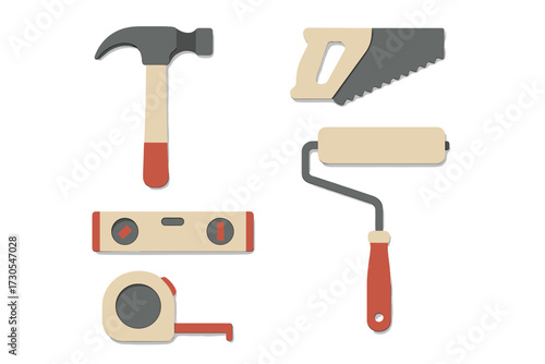 Essential construction and DIY tools for home renovation, repair, and building projects, featuring a variety of hand tools and equipment