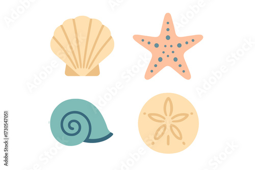 Colorful assortment of marine life elements featuring scallop shell, conch, starfish, and sand dollar