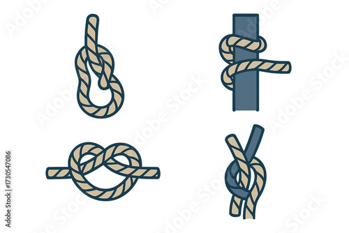 Essential nautical rope knots including figure eight, cleat hitch, square knot, and sheet bend for maritime use