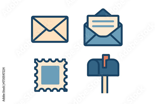 Collection of mail and postal service items including envelope, letter, postage stamp, and classic mailbox