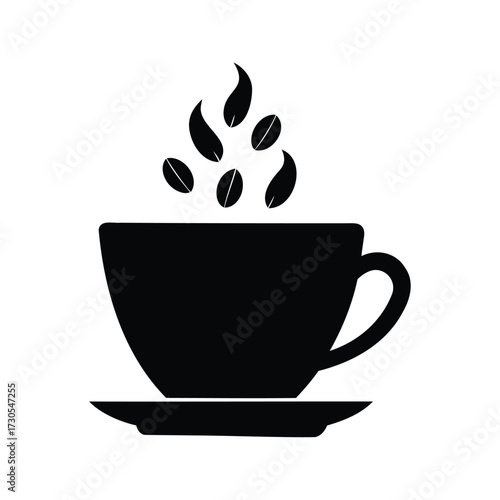 Black and white silhouette illustration of a coffee cup with coffee beans, coffee cup with beans silhouette vector illustration