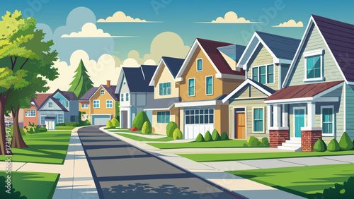 Charming suburban street with colorful houses and lush green lawns