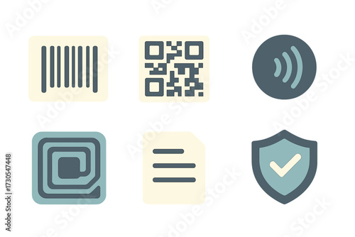 Modern digital technology icons for secure identification, wireless data transfer, and document protection