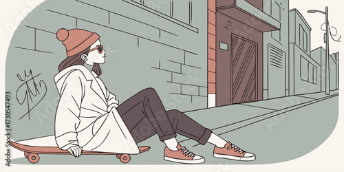 Girl sitting on skateboard in city street