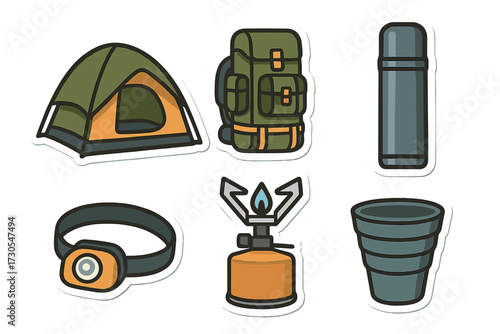 Outdoor adventure gear set with camping tent backpack headlamp cooking stove thermos and collapsible cup