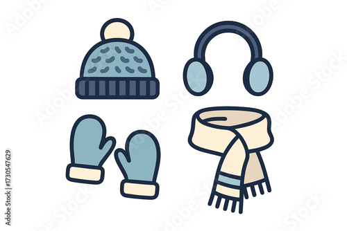 Collection of cozy winter clothing accessories including a knitted hat, warm mittens, a soft scarf, and protective earmuffs for cold weather