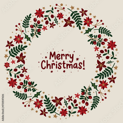 Christmas wreath with leaves and berries. Christmas berries, branches. Christmas decoration circle.
