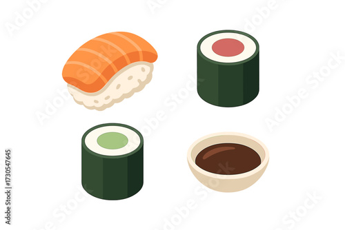 Isometric sushi and maki rolls with soy sauce, traditional Japanese cuisine for restaurant menu