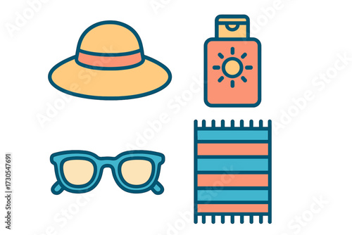 Collection of summer beach vacation essentials including a wide-brimmed sun hat, protective sunscreen, stylish sunglasses, and a striped beach towel