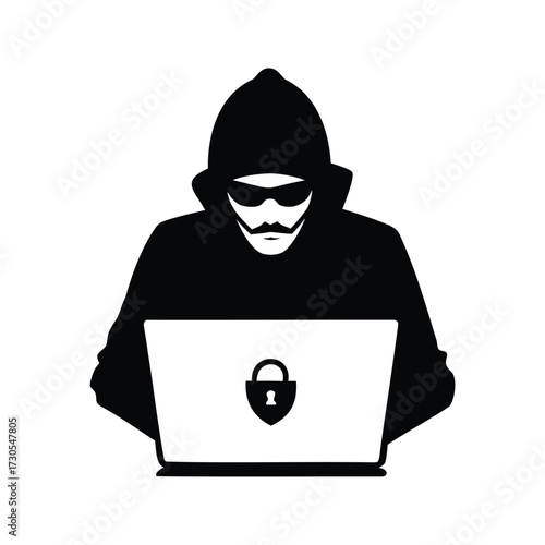 Silhouette of a Hacker with Laptop and Padlock Symbolizing Cybercrime, hacker breaking password silhouette vector illustration