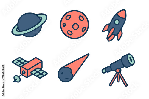 Collection of cosmic elements including planets, rocket, satellite, comet, and telescope for space exploration