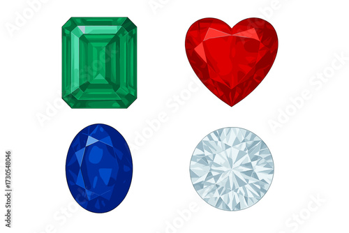 Collection of faceted gemstones in various cuts and colors including emerald, heart, oval, and round shapes
