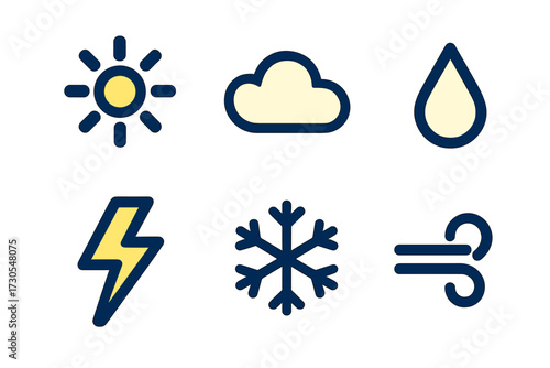 Set of essential weather forecast symbols representing diverse climate conditions and atmospheric phenomena