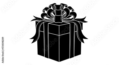 A black and white illustration of a gift box with a decorative bow on top.