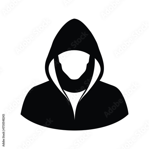Silhouette of a cloaked figure with hood, face not visible in black, hacker with hood silhouette vector illustration