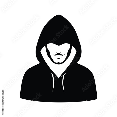 Anonymous hooded figure in black silhouette with partial face and mustache, hacker with hood silhouette vector illustration