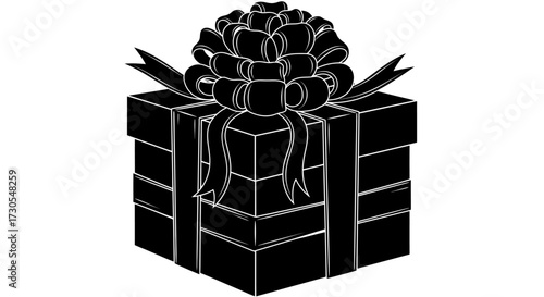 Silhouette of a wrapped gift box with a large, elaborate bow on top, isolated on a white background.