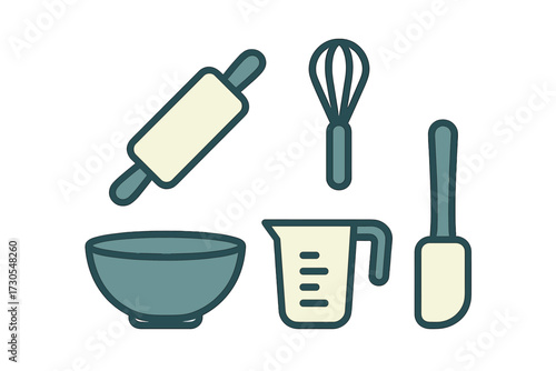 Collection of essential kitchen baking tools, including a rolling pin, whisk, mixing bowl, measuring cup, and spatula