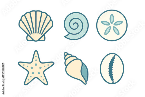 Diverse collection of ocean seashells, including scallop, spiral, conch, sand dollar, and starfish, perfect for summer designs