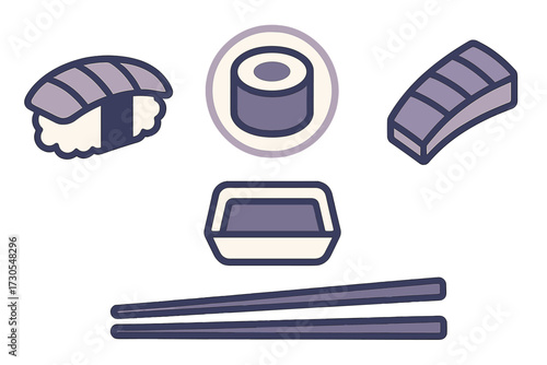 Modern minimalist design of various Japanese sushi types including nigiri maki and sashimi with chopsticks and soy sauce dish