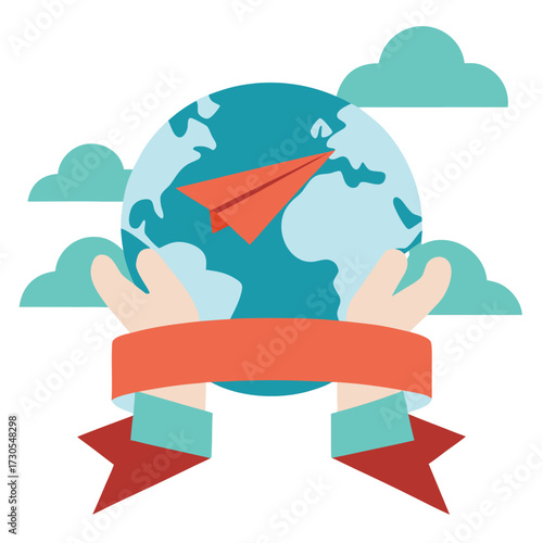 Paper airplane flying around the globe held by hands with clouds and banner