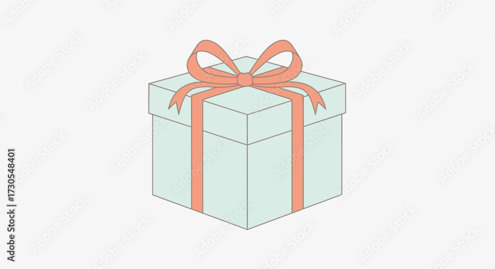 Fototapeta premium A simple illustration of a light blue gift box tied with a peach-colored ribbon and bow.