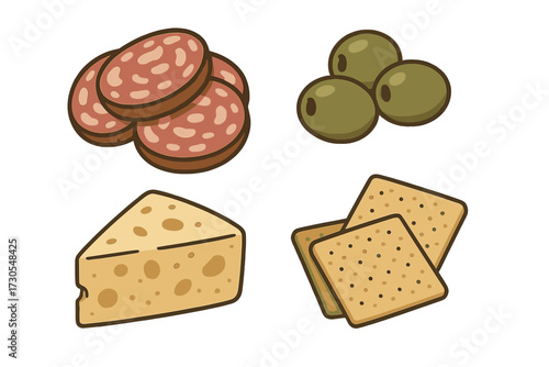 Delicious appetizer spread with an assortment of salami slices, green olives, cheese wedge, and crispy crackers