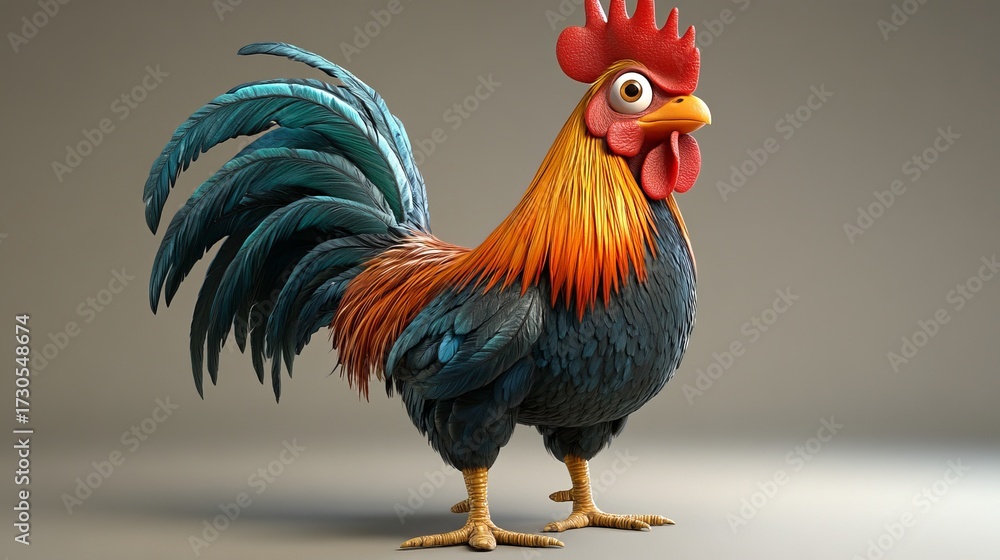 Fototapeta premium Cartoon rooster stands prominently displaying its vibrant plumage against a smooth, neutral background!