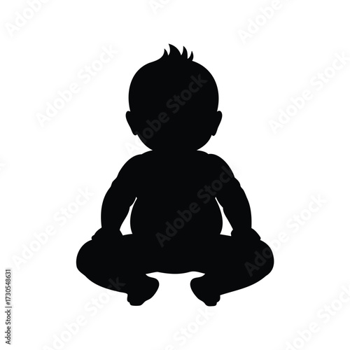 Black silhouette of a chubby baby sitting in lotus position isolated, newborn baby sitting up silhouette vector illustration
