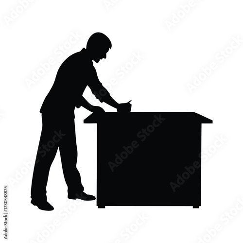 Silhouette of a man working or leaning over a table in darkness, person cleaning kitchen counter silhouette vector illustration