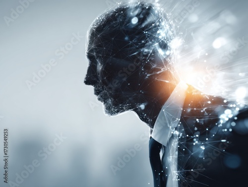 A stylized silhouette of a man in a suit, fragmented by digital elements, representing the fusion of technology and humanity.