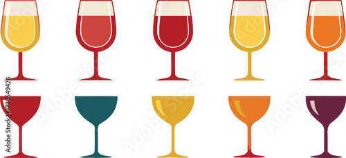 Colorful Wine Glass Vector Set – Red Wine, White Wine, Cocktail, and Party Drink Illustration