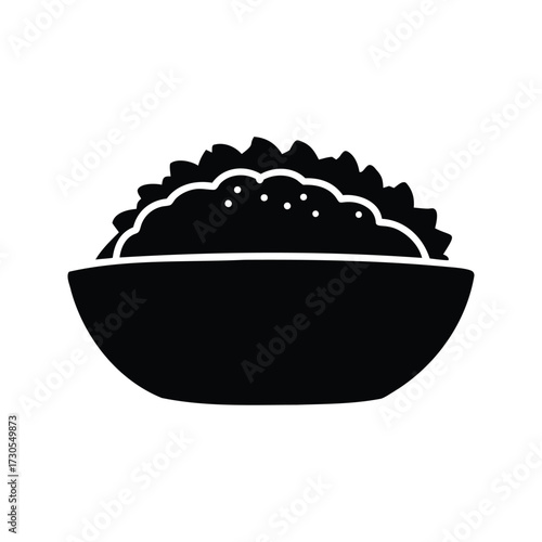 Monochrome silhouette of a bowl filled with fluffy food or ingredient, taco bowl silhouette vector illustration