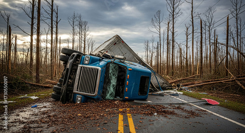 Hurricane damage. Broken trees and buildings, AI Generation