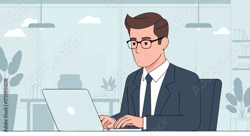 Professional businessman working diligently on his laptop in a modern office setting, symbolizing dedication and productivity in the corporate world